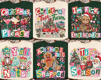 Retro-Weihnachts-PNG-Bundle, Lustiges Weihnachtsshirt (PNG), Weihnachtssublimationsdesigns, Weihnachtsmann, Lebkuchenmann, Nussknacker, Hochlandrind (PNG)