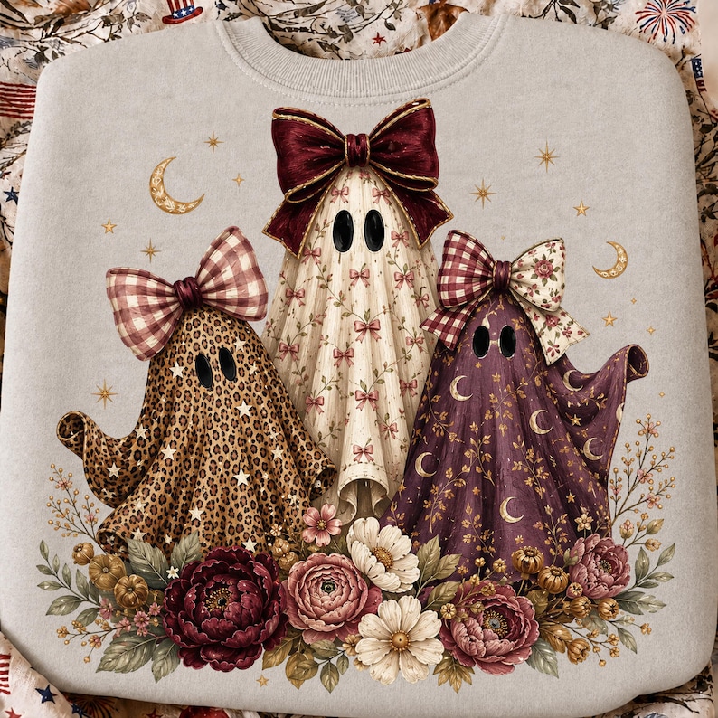 K&ouml;nnte beinhalten: Ein hellgraues Sweatshirt mit einer Grafik von drei Geistern, die mit gro&szlig;en Schleifen verziert sind. Der linke Geist hat ein Leopardenmuster, der mittlere ein Blumenmuster mit einer dunkelroten Schleife und der rechte ein violettes Mondmuster.