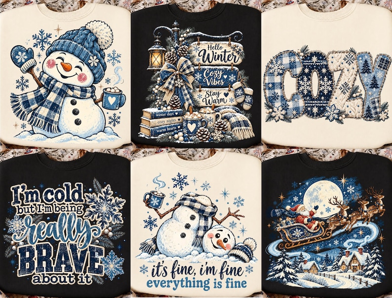 Może przedstawiać: Kolekcja sześciu bluz z grafikami o tematyce zimowej. Wzory przedstawiają bałwany, Świętego Mikołaja w saniach oraz napisy takie jak Hello Winter, Cozy i I'm cold, utrzymane w odcieniach niebieskiego i bieli.