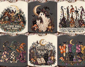 Hexen-PNG-Bundle, Halloween-Hexe-PNG, Vintage-Hexe-Sublimationsdruck, Schwarze-Katze-Geist-Design, Grusel-DTF-Datei, Digitaler Download