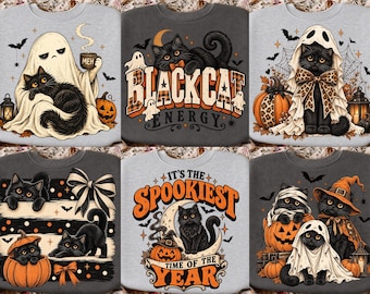 Schwarze Katze Halloween PNG-Bundle, Gruselige Katzen-Sublimationsdesigns, Retro-Halloween-Shirt PNG, Hexe, Geist, Kürbis DTF-Download