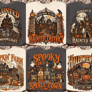 May include: A collection of six crewneck sweatshirts featuring detailed Halloween-themed illustrations. Designs include haunted houses, pumpkin farms, and spooky town scenes with text like Haunted by Moonlight, Haunted District, and Halloween Town.
