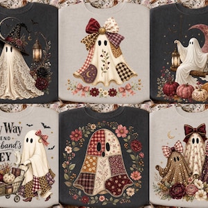 Vintage Halloween Ghost PNG Bundle, 6 Coquette Patchwork Witch Sublimation Designs, Floral Spooky Shirt DTF Digital Download