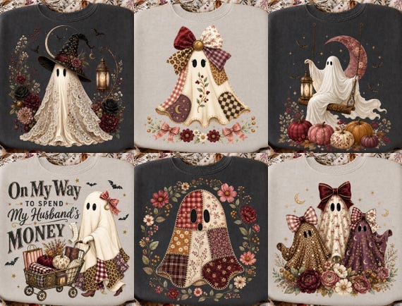 Vintage Halloween Ghost PNG Bundle, 6 Coquette Patchwork Witch Sublimation Designs, Floral Spooky Shirt DTF Digital Download