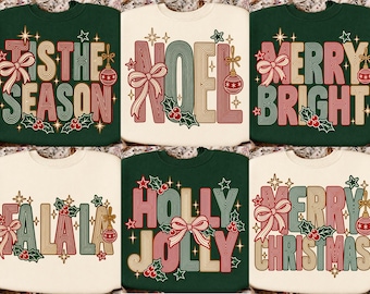 Weihnachtliches PNG-Bundle, Retro-Weihnachts-Shirt-Designs, Frohe Weihnachten, Fröhliche Weihnachten, Noel, Kokette Schleife, Sublimationsdruck, Digitaler Download