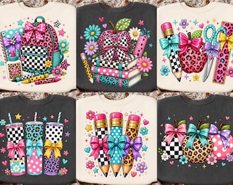 Schulanfang-PNG-Bundle, Sublimationsdesigns für Lehrer, bunte Leoparden-Schleife für Schulbedarf (PNG, DTF-Download)