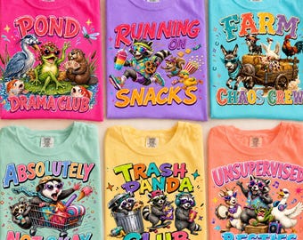Lustiges PNG-Bundle mit Tierfreunden, T-Shirt-Designs mit Waschbär-Farm-Chaos, Designs für die Frosch-Farm-Crew, Sarkastische Sublimations-PNGs
