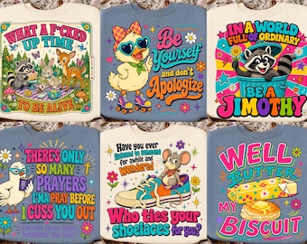 Lustige Retro-Tierzitate im PNG-Format, sarkastische Vintage-T-Shirt-Designs, Waschbär-, Enten- und Maus-Humor, Sublimationsdruck, DTF-Download