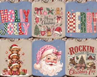 Weihnachtliches PNG-Bundle, Retro-Weihnachts-Sublimation, Koketter Weihnachtsmann, Hochlandrind, Western-Weihnachten, Fröhliche Weihnachten (DTF-Download)