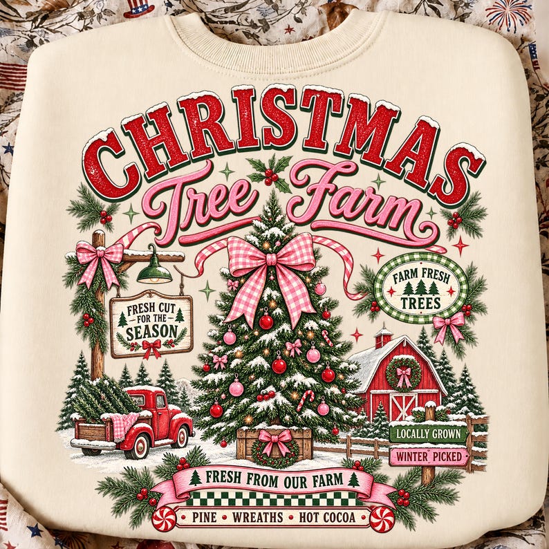 May include: A cream-colored sweatshirt featuring a graphic print with the text CHRISTMAS Tree Farm. The design includes a decorated Christmas tree, a red truck, a red barn, and signs reading FRESH CUT FOR THE SEASON, FARM FRESH TREES, and more.