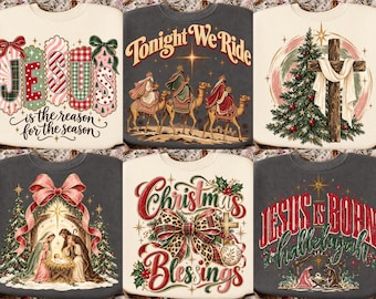 Christliches Weihnachts-PNG-Bundle, Krippendarstellung „Jesus ist geboren“ (PNG), Retro-Weihnachts-Sublimation, Heilige Drei Könige (DTF), Design für Glaubens-Shirts