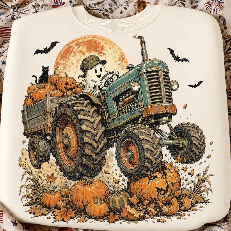 Puede incluir: Una sudadera color crema con el gr&aacute;fico de un fantasma con gorra conduciendo un tractor azul vintage. El tractor tira de un remolque lleno de calabazas y un gato negro. Murci&eacute;lagos vuelan frente a una gran luna naranja con calabazas.
