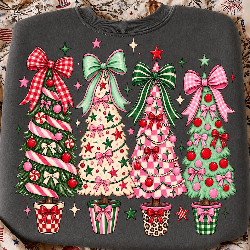 May include: A dark gray crewneck sweatshirt featuring a graphic print of four stylized Christmas trees in pots. The trees are decorated with various bows, ornaments, and patterns including gingham, stripes, and leopard print, surrounded by small stars.