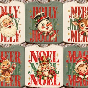 May include: A collection of six crewneck sweatshirts in cream and sage green featuring vintage-style holiday graphics. Designs include Santa, a snowman, a reindeer, a gingerbread person, a nutcracker, and an elf, each with festive text.