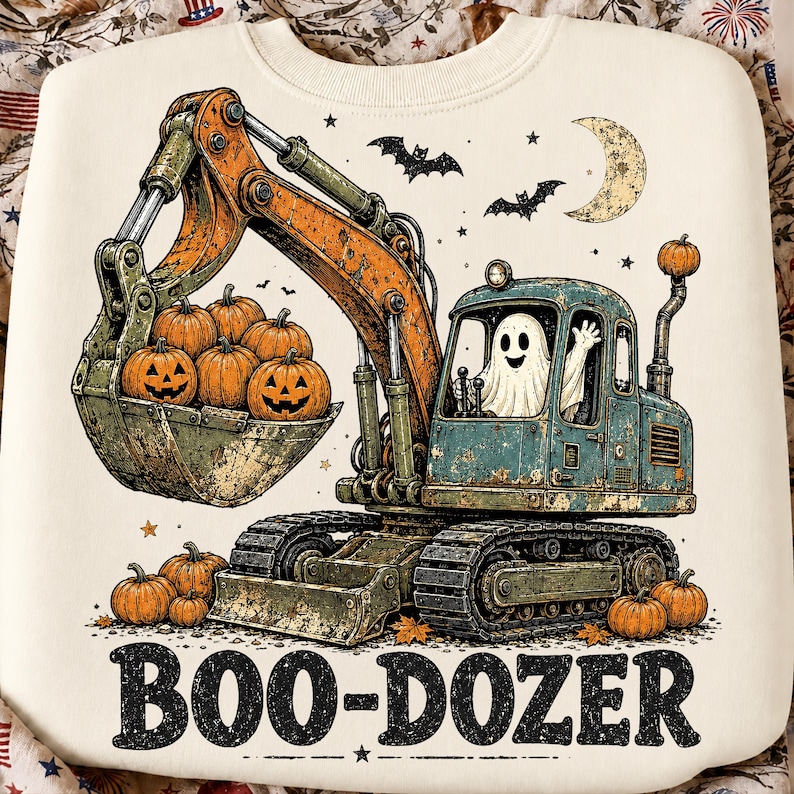 Puede incluir: Una sudadera color crema con un gr&aacute;fico de una excavadora azul y naranja operada por un fantasma blanco. La cuchara de la excavadora sostiene varias calabazas naranjas, algunas con caras. El texto BOO-DOZER aparece en la parte inferior.
