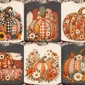 May include: A collection of six sweatshirts featuring various pumpkin designs. Each sweatshirt displays pumpkins decorated with floral patterns, plaid, polka dots, and leopard print, accented with sunflowers, daisies, and bows in autumn colors.
