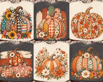 Herbstliches Kürbis-PNG-Bundle, florale Kürbisdesigns, verspielte Schleife, Vichy-Karo & Patchwork, Herbst-Sublimation für T-Shirts, Gemütliche Jahreszeit (PNG)