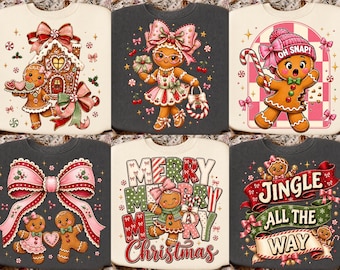 Weihnachts-Lebkuchen-PNG-Bundle, rosa Schleifen-Sublimationsdesigns, niedliches Lebkuchenmädchen-PNG, digitaler Download für weihnachtliche T-Shirts