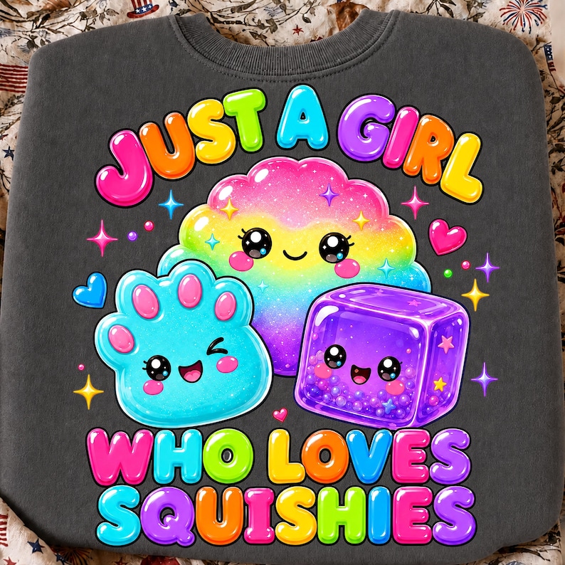 May include: A dark gray sweatshirt featuring a colorful graphic with the text "JUST A GIRL WHO LOVES SQUISHIES". The design includes a rainbow-colored cloud, a blue paw-shaped character, and a purple cube, all with smiling faces and sparkles.