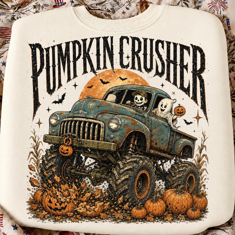 Puede incluir: Una sudadera color crema con el gr&aacute;fico de un cami&oacute;n monstruo azul con neum&aacute;ticos grandes pasando sobre calabazas. El texto PUMPKIN CRUSHER est&aacute; impreso arriba en una fuente oscura y desgastada. Un esqueleto y un fantasma van en el cami&oacute;n.