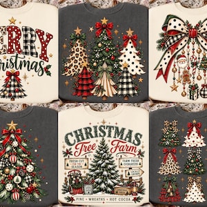 May include: A collection of six sweatshirts featuring various Christmas-themed graphic prints, including decorated pine trees, a large festive bow with hanging ornaments, and text reading Merry Christmas and Christmas Tree Farm.