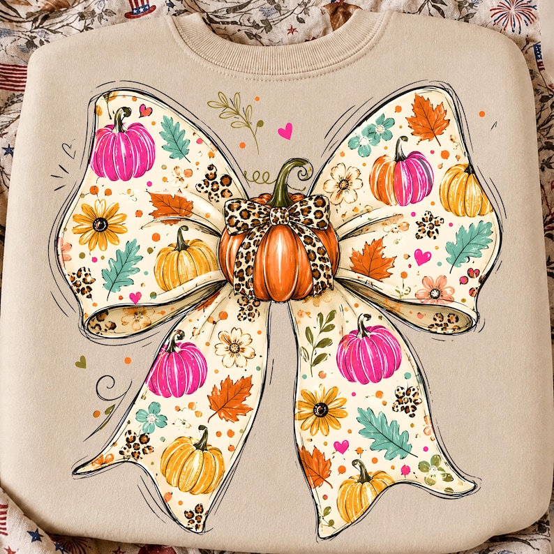 May include: A beige crewneck sweatshirt featuring a large central graphic of a bow tied around a pumpkin. The design includes orange, yellow, and pink pumpkins, autumn leaves, flowers, and leopard print accents on a light cream background.