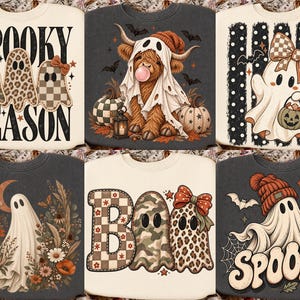 K&ouml;nnte beinhalten: Eine Kollektion von sechs Sweatshirts mit Halloween-Grafikdrucken. Die Designs zeigen gemusterte Geister, ein Hochlandrind im Geisterkost&uuml;m, einen Geist mit K&uuml;rbiseimer, einen Geist inmitten von Blumen sowie die Schriftz&uuml;ge Spooky Season und Boo.