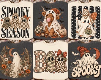 Halloween-Geister-PNG-Bundle, gruselige Sublimationsdrucke, Retro-Boho-Geister, Hochlandrind-PNG, süßes Herbst-Halloween-Shirt-Design