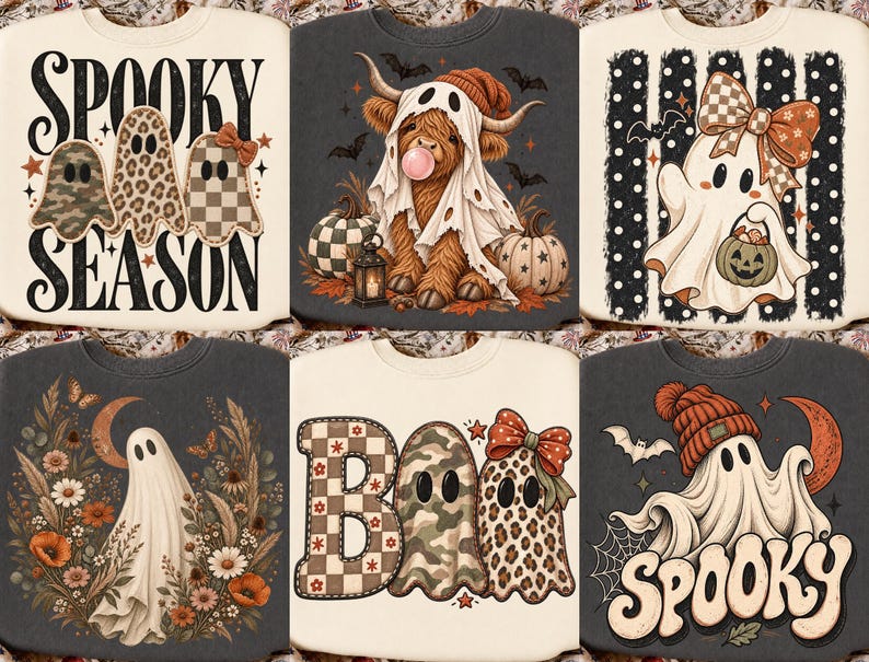 K&ouml;nnte beinhalten: Eine Kollektion von sechs Sweatshirts mit Halloween-Grafikdrucken. Die Designs zeigen gemusterte Geister, ein Hochlandrind im Geisterkost&uuml;m, einen Geist mit K&uuml;rbiseimer, einen Geist inmitten von Blumen sowie die Schriftz&uuml;ge Spooky Season und Boo.