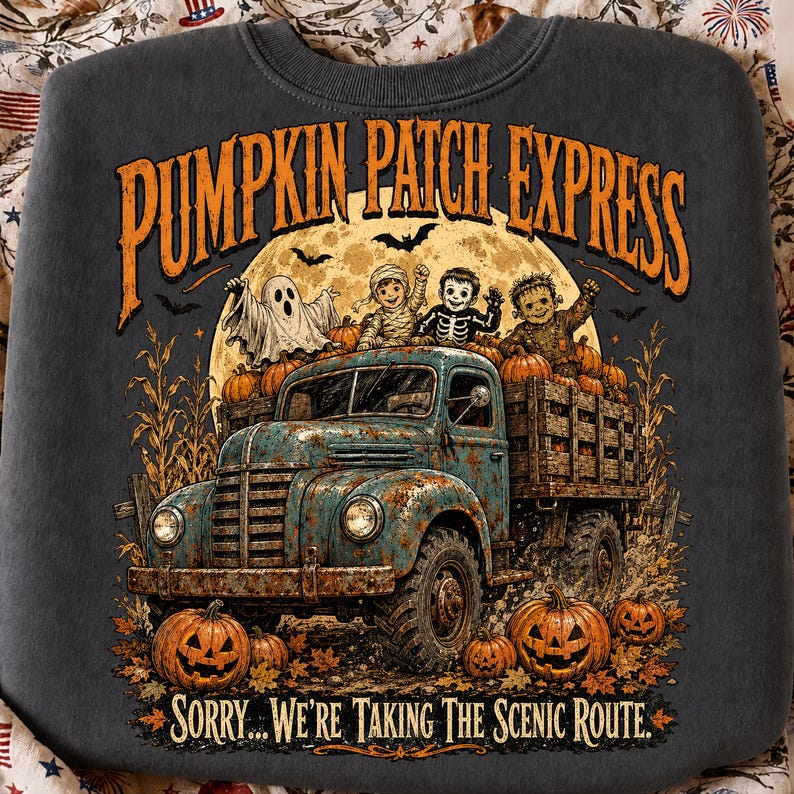 Puede incluir: Una sudadera gris oscuro con un gr&aacute;fico de un cami&oacute;n azul oxidado que transporta calabazas y ni&ntilde;os disfrazados. El texto dice PUMPKIN PATCH EXPRESS y SORRY... WE'RE TAKING THE SCENIC ROUTE. Una luna llena y murci&eacute;lagos en el fondo.