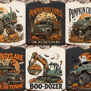 Puede incluir: Una colecci&oacute;n de seis sudaderas con estampados gr&aacute;ficos de Halloween. Los dise&ntilde;os incluyen un fantasma conduciendo un tractor, un cami&oacute;n con PUMPKIN PATCH EXPRESS, un cami&oacute;n monstruo PUMPKIN CRUSHER, un autob&uacute;s con THE BOYS ARE BACK IN TOWN, una excavadora BOO-DOZER y un fantasma en un cami&oacute;n.