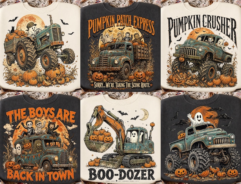 Puede incluir: Una colecci&oacute;n de seis sudaderas con estampados gr&aacute;ficos de Halloween. Los dise&ntilde;os incluyen un fantasma conduciendo un tractor, un cami&oacute;n con PUMPKIN PATCH EXPRESS, un cami&oacute;n monstruo PUMPKIN CRUSHER, un autob&uacute;s con THE BOYS ARE BACK IN TOWN, una excavadora BOO-DOZER y un fantasma en un cami&oacute;n.
