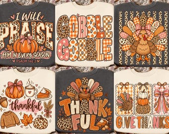 Thanksgiving-PNG-Bundle, rosa Leoparden-Truthahn-PNG, „Gib Danke“-Gack, Herbst-Sublimations-PNG, Retro-Schleife-PNG