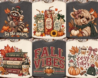 Herbstliches PNG-Bundle, Retro-Herbst-Sublimationsdesigns, Gemütliche Stimmung, Hochlandrind, Waschbär, Kürbisgewürz, DTF-T-Shirt-Download