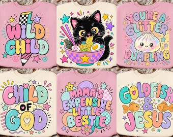 PNG-Bundle für Kinder, süßes Preppy-Zitat (PNG), Wildes Kind, Kind Gottes, Ramen-Katze, Glitzerknödel, lustiges Sublimations-T-Shirt-Design