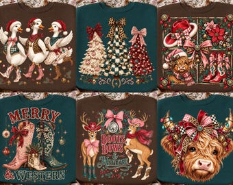 Western-Weihnachts-PNG-Bundle, Cowgirl-Weihnachts-Sublimationsmotive, Hochlandrind-PNG, Cowboy-Stiefel-Schleifen, Retro-Weihnachts-DTF-Designs