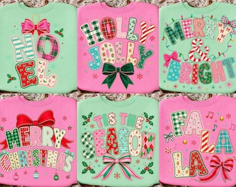 Weihnachtliches PNG-Bundle, verspielte Schleifen-Designs für Festtags-Shirt, Patchwork-Karo-Sublimations-PNG, fröhlich-schöner DTF-Download