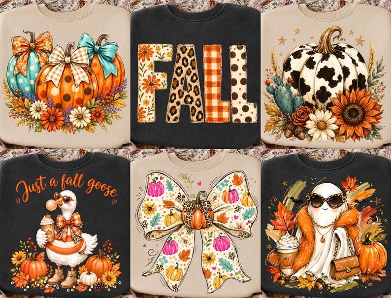 May include: A collection of six sweatshirts featuring seasonal graphics including pumpkins with bows, the word FALL in patterned letters, a cow print pumpkin, a goose wearing sunglasses and a scarf, a large bow with pumpkins, and a ghost with a purse.