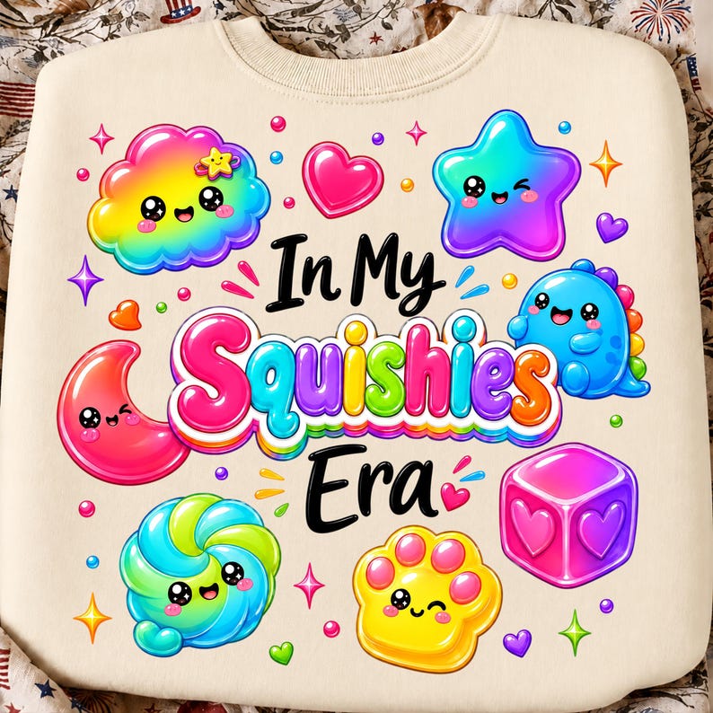 May include: A cream-colored sweatshirt featuring a colorful graphic print with the text In My Squishies Era. The design includes various cartoon-style shapes like a rainbow cloud, a blue star, a pink moon, a blue dinosaur, and a yellow paw print.