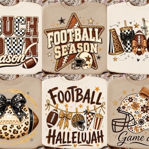 May include: A collection of six beige sweatshirts featuring various football-themed graphic prints. Designs include text like TOUCHDOWN SEASON, FOOTBALL SEASON, FOOTBALL HALLELUJAH, and GAME DAY, alongside illustrations of helmets, footballs, and bows.