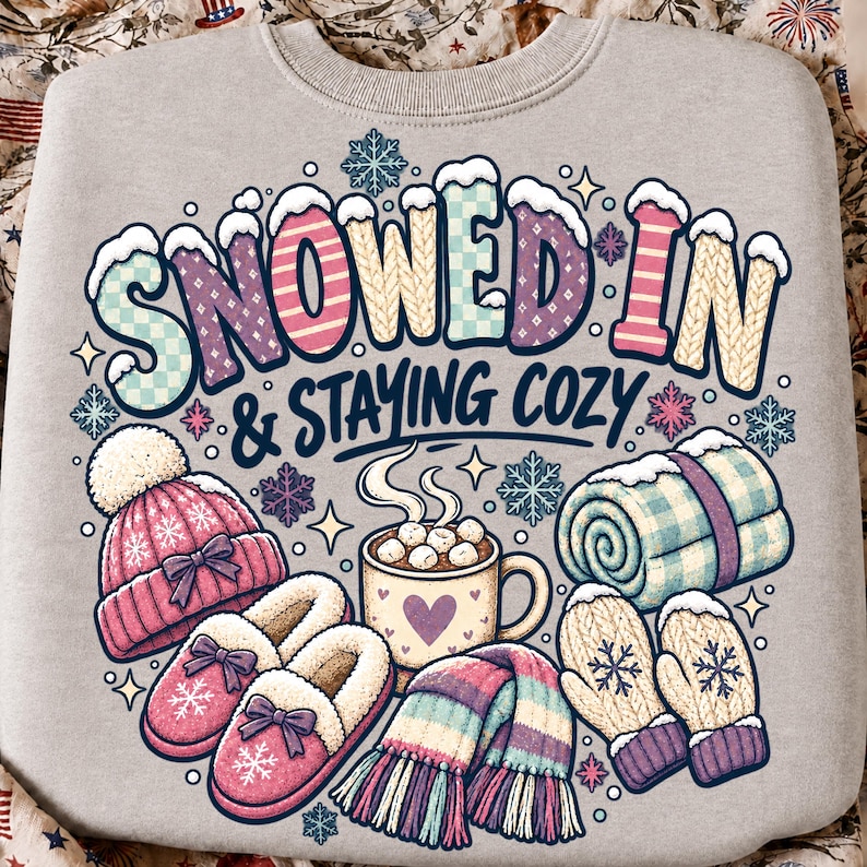 May include: A light gray sweatshirt featuring a colorful graphic with the text SNOWED IN & STAYING COZY. The design includes a pink knit hat, pink slippers, a mug of hot cocoa with marshmallows, a rolled blue blanket, and winter mittens.