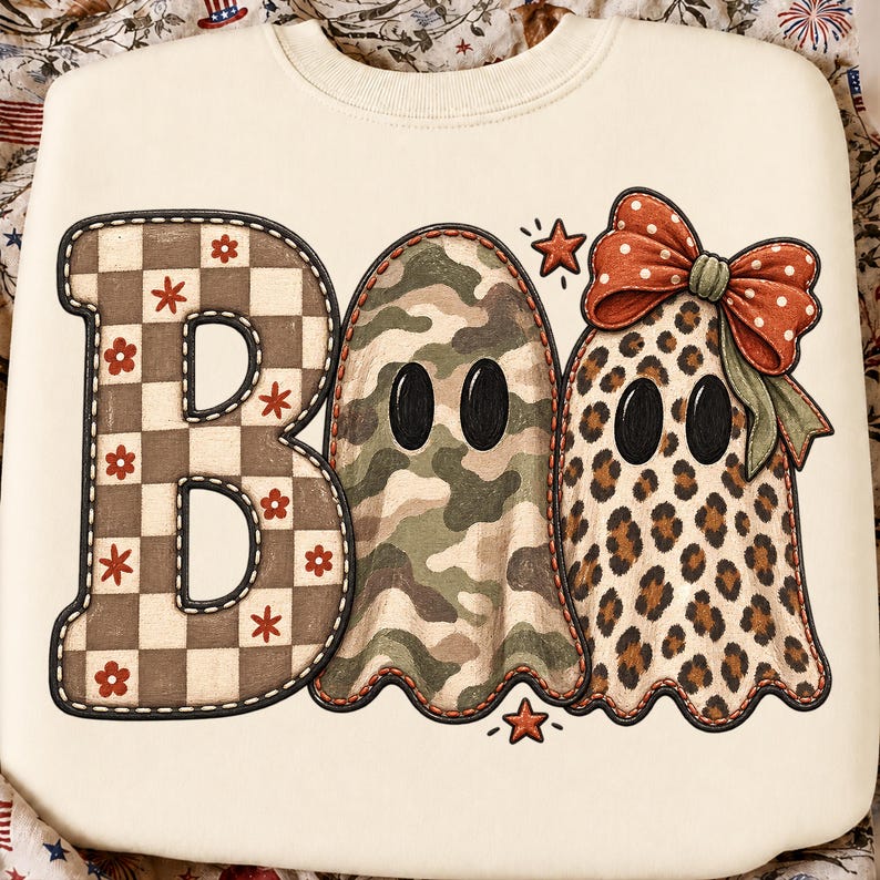K&ouml;nnte beinhalten: Ein cremefarbenes Sweatshirt mit dem Wort BOO als Grafikdesign. Der Buchstabe B hat ein braun-wei&szlig;es Schachbrettmuster mit kleinen roten Blumen. Die beiden Os sind Geisterformen, eines mit gr&uuml;nem Tarnmuster und eines mit Leopardenmuster, wobei letzteres eine gro&szlig;e orangefarbene gepunktete Schleife tr&auml;gt.