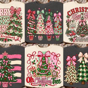 May include: A collection of six sweatshirts featuring various Christmas-themed graphic prints. The designs include decorated pine trees, bows, candy canes, and text such as Merry Christmas, Christmas Tree Farm, and Oh Christmas Tree.