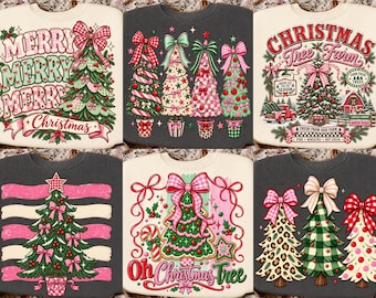 Weihnachtsbaum-PNG-Bundle, Rosa-Coquette-Weihnachts-PNG, Retro-Preppy-Schleife-Sublimationsdesign, Mädchenhaftes Weihnachts-Shirt-Design, DTF-Download
