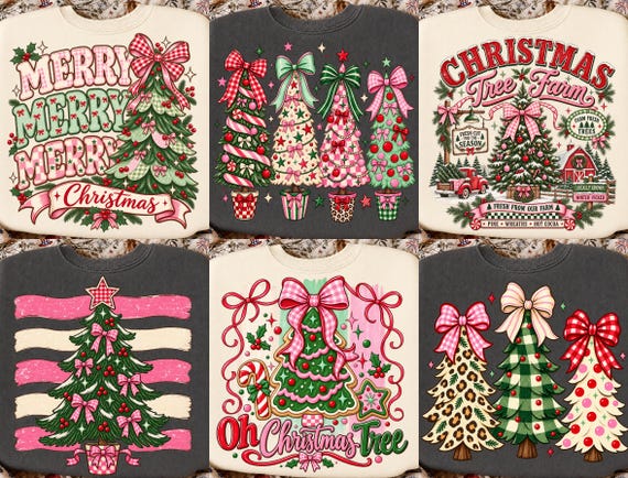 Christmas Tree PNG Bundle, Pink Coquette Christmas PNG, Retro Preppy Bow Sublimation, Girly Holiday Shirt Design, DTF Download