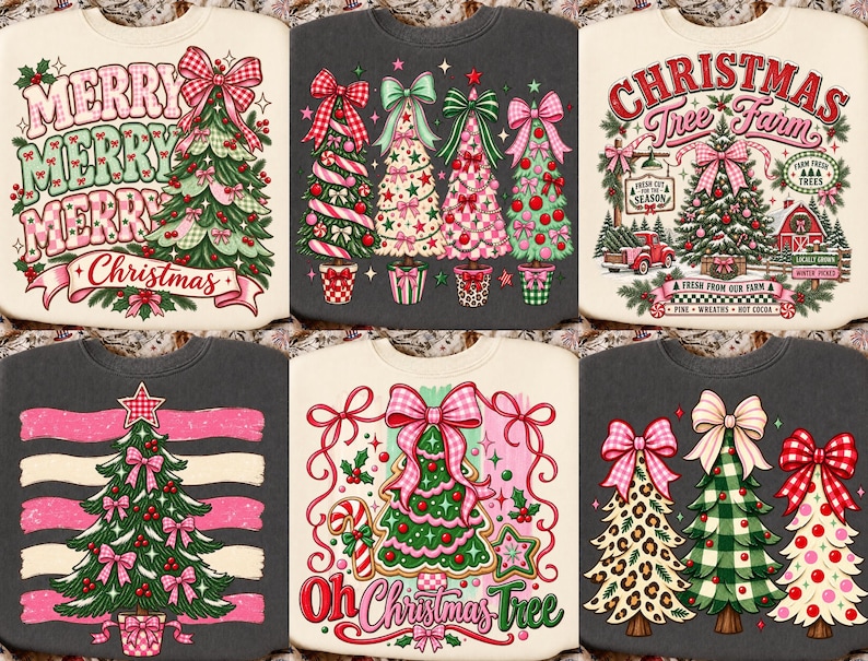 May include: A collection of six sweatshirts featuring various Christmas-themed graphic prints. The designs include decorated pine trees, bows, candy canes, and text such as Merry Christmas, Christmas Tree Farm, and Oh Christmas Tree.