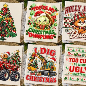 Può includere: Un set di sei tele quadrate bianche con illustrazioni a tema natalizio: un albero di Natale a tema gaming, un raviolo con cappello da Babbo Natale e testo, un orso con berretto e testo, un monster truck con un omino di pan di zenzero, un escavatore con testo e un motivo a maglione.