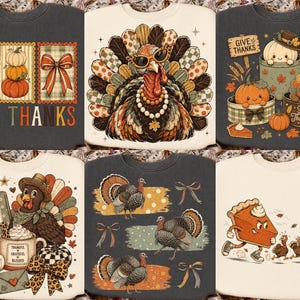Puede incluir: Una colección de seis sudaderas con gráficos temáticos de Acción de Gracias. Los diseños incluyen pavos, calabazas, pasteles y lazos con textos como Give Thanks y Happy Thanksgiving sobre telas de color gris oscuro y crema.