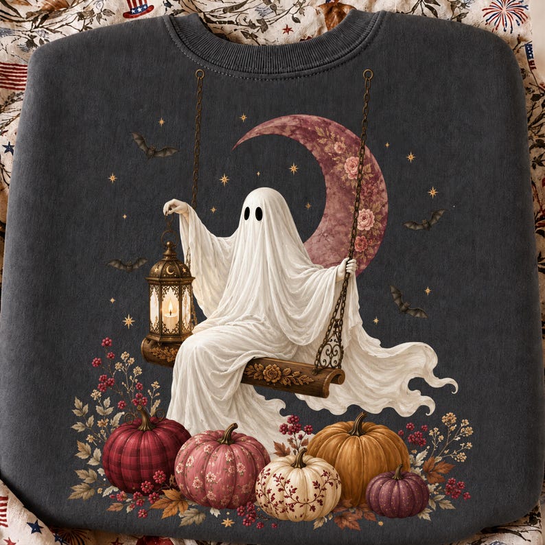 K&ouml;nnte beinhalten: Ein dunkel anthrazitfarbenes Sweatshirt mit einer Grafik eines wei&szlig;en Geistes, der auf einer Holzschaukel sitzt. Der Geist h&auml;lt eine leuchtende Laterne. Hinter dem Geist ist ein gro&szlig;er, floral gemusterter Halbmond. Darunter K&uuml;rbisse und Herbstlaub.