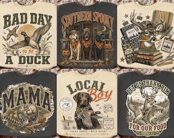 Jagd-PNG-Bundle, Ente, Hirsch, Hund (PNG), Sublimationsdruck „Südstaaten-Natur“, Vintage-Jäger-Shirt-Design, Camouflage-Herbst-DTF-Download